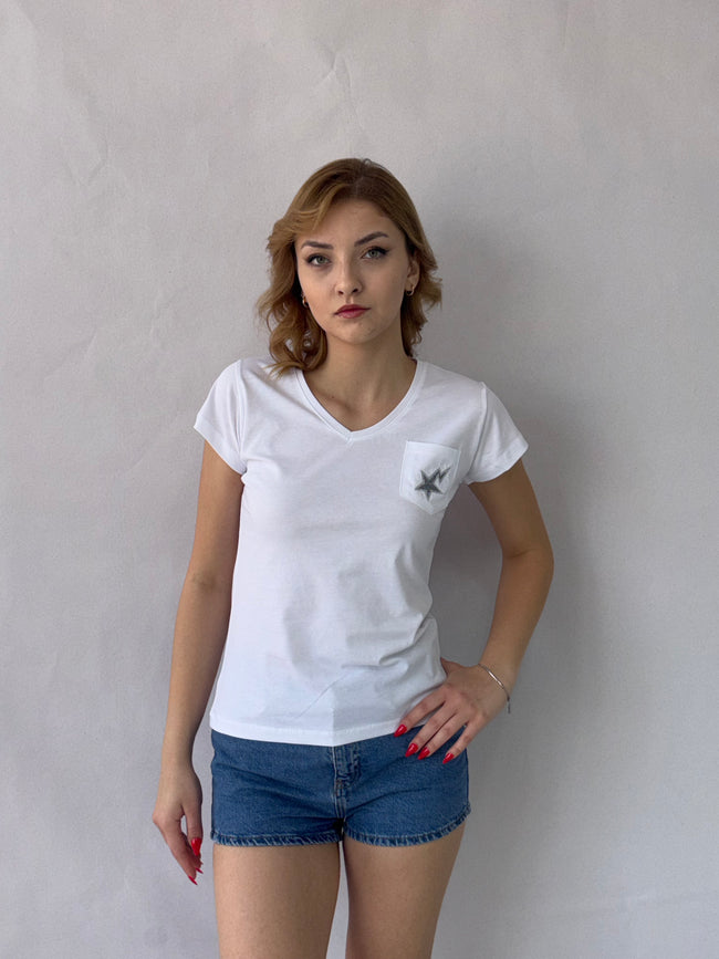 Yıldız Nakış Tişört Beyaz