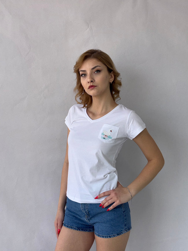 Kuğu Nakış Tişört Beyaz